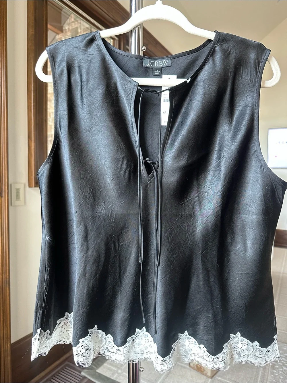J.CREW Black Textured Satin Tank Top with White Lace Hem
